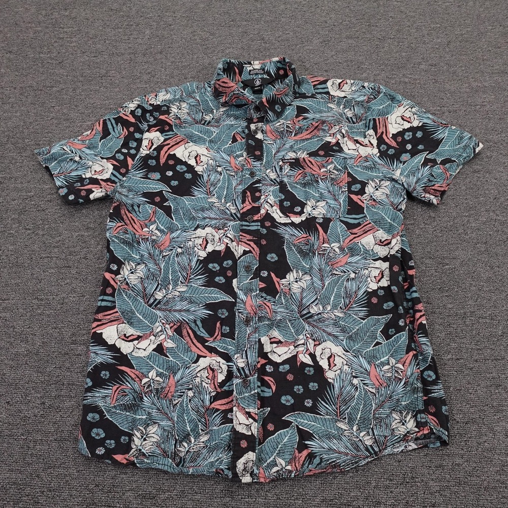 Volcom Shirt Mens Medium Black Hawaiian Floral Short Sleeve Button Up Casual